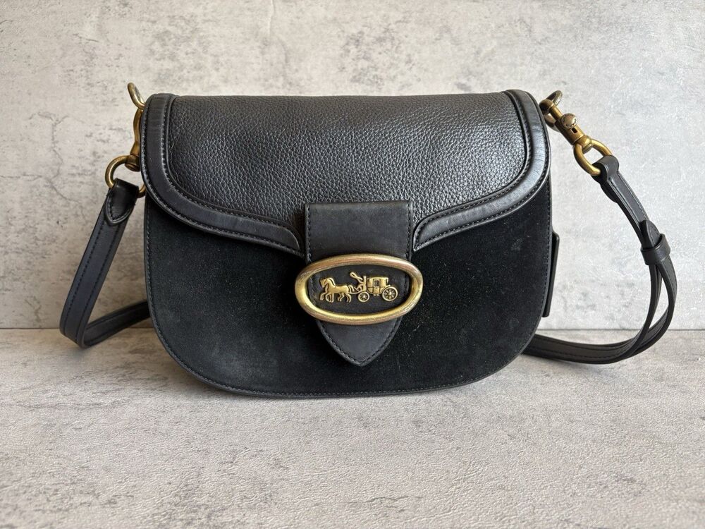 Coach KAT Saddle Leather Suede Crossbody Bag 84715-Black